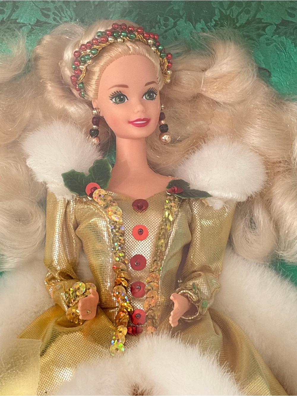 Barbie Gold Sequin Holiday Coat with White Faux-Fur Trim